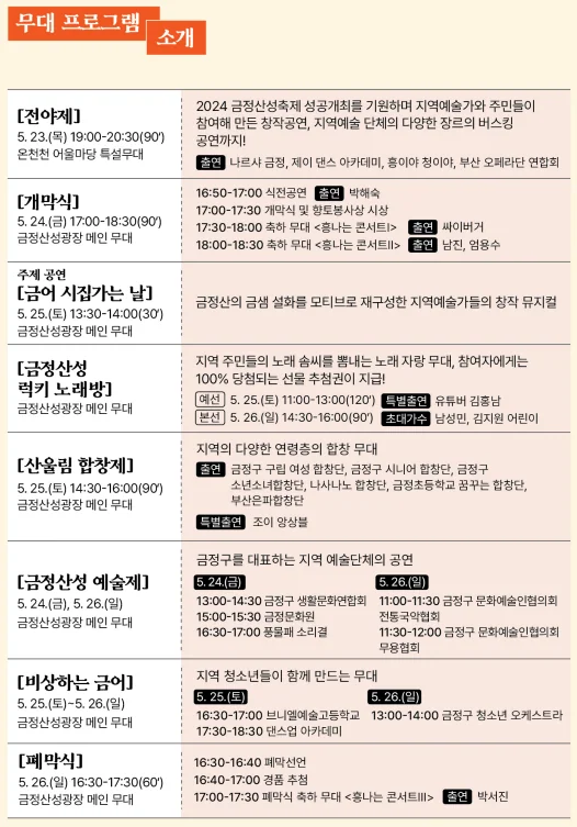 2024 금정산성 축제 안내 : 난장무대, 산성광장, 메인무대, 금정산성에서 축제 : 싸이버거, 남진 , 엄용수, 외줄타기, 남성민, 김지원 어린이, 박서진 등