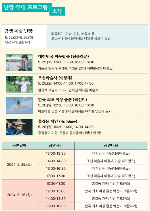 2024 금정산성 축제 안내 : 난장무대, 산성광장, 메인무대, 금정산성에서 축제 : 싸이버거, 남진 , 엄용수, 외줄타기, 남성민, 김지원 어린이, 박서진 등